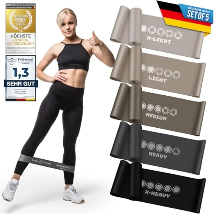 Body & Mind® Fitnessbänder 5er Set, Widerstandsbänder in 5 Stufen für Muskelaufbau, Yoga & Pilates, 100% Latex (Grau)