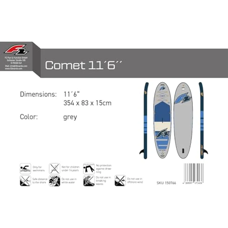 F2 SUP Stand Up Paddle Board Comet, 354 cm (11'6"), aufblasbar, grau, für Freizeit und Touring – Bild 7