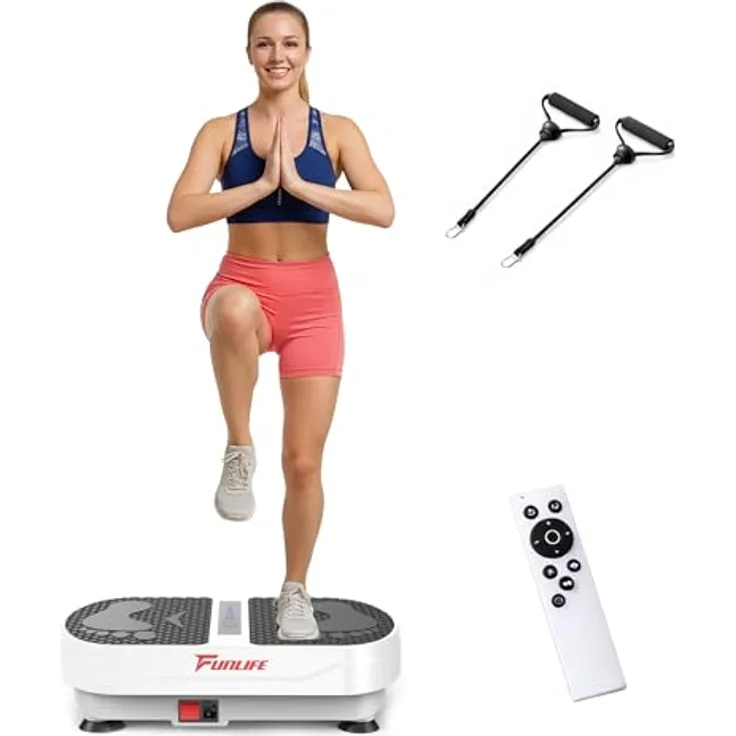Funlife V8 Vibrationsplatte, 180 Stufen, 5 Programme, Bluetooth & Lautsprecher, Fitnessplatte mit Trainingsseilen für Ganzkörpertraining, bis 120 kg