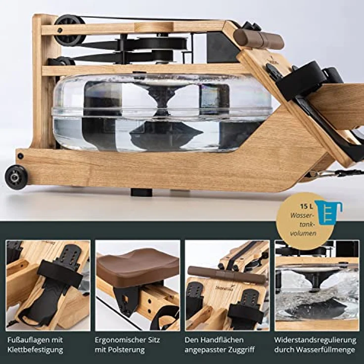Skandika Wasserrudergerät Styrke | Designed and Made in Germany, Rudergerät Wasser aus Holz, Kinomap App-Funktion, Wasserrudergerät für Zuhause, Massive Esche, naturnahes Rudern (Styrke II) – Bild 4