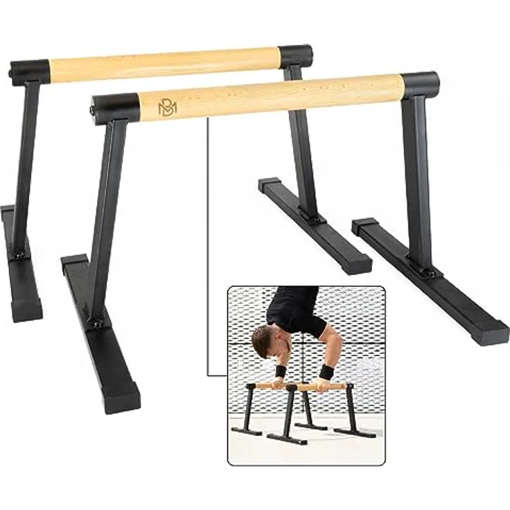 Müller & Blum Parallettes Holz inkl. Handgelenk Bandagen, Premium Turnen und Calisthenics Equipment für Indoor & Outdoor, rutschfeste Liegestützgriffe, Dip Bar Krafttraining, Handstand Barren, Push up