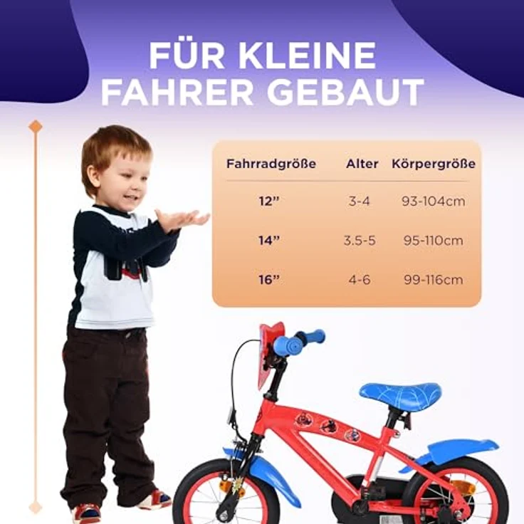 Volare Spider-Man Kinderfahrrad, 12 Zoll mit Handbremse, Rücktrittbremse, abnehmbaren Stützrädern, Blau/Rot – Bild 6