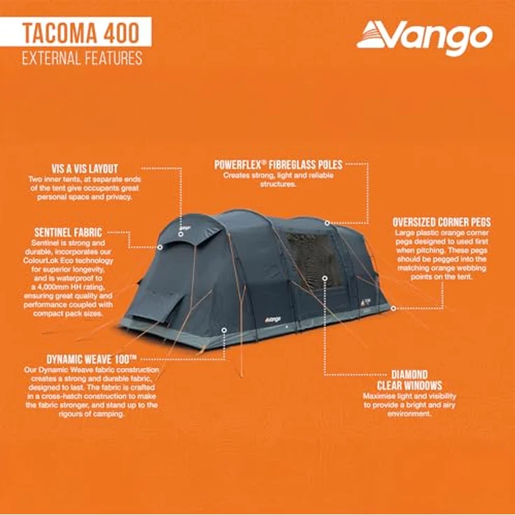 Vango Familienzelt Tacoma 400, 4-Personen Tunnelzelt mit 2 separaten Schlafkabinen und großem Vorraum, 4000 mm Wassersäule, inklusive Zeltbodenschutz und XL Tragetasche – Bild 3