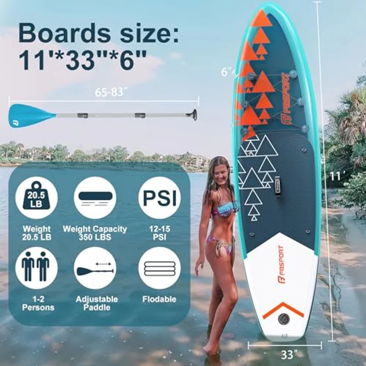 FBSPORT Aufblasbares SUP Board, Stand Up Paddling Board 15CM Dick, mit verstellbarem Aluminium Paddel und Pumpe, dunkelgrün – Bild 2