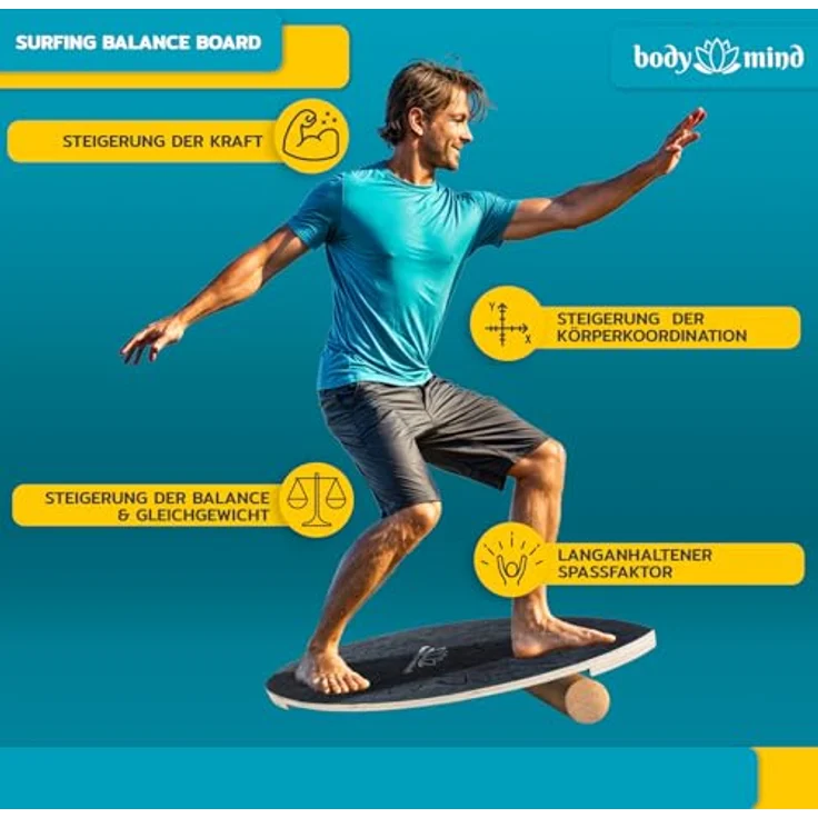 Body & Mind Balanceboard Wackelbrett für Physiotherapie und Surf-Training, Holz 78x30 cm mit Korkrolle, inkl. gratis E-Book – Bild 3