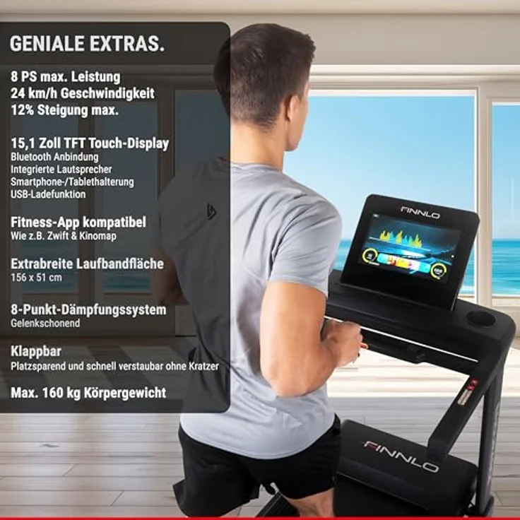 HAMMER Finnlo Laufband Endurance TFT, 41 Programme, 24 km/h, Kinomap und Zwift kompatibel, 15.1 Zoll TFT Monitor, 6,5 PS Motor, Bluetooth, 2 USB-Anschlüsse – Bild 4