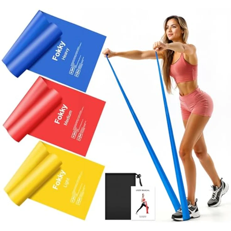 Fokky Fitnessbänder 3er-Set, 1.5M Widerstandsbänder in Gelb (15lbs), Rot (20lbs) und Blau (25lbs), Gymnastikbänder für Crossfit, Muskelaufbau, Yoga und Pilates – Bild 1