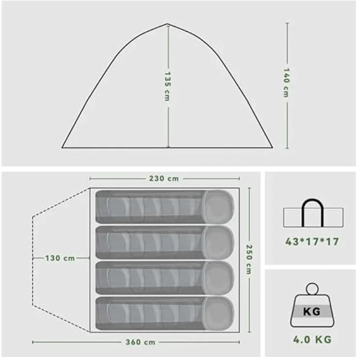 Foumteex Zelt 2-4 Personen, wasserdicht 5000mm Campingzelt mit Vorzelt, ultraleicht und windstabil für Trekking und Festivals – Bild 3