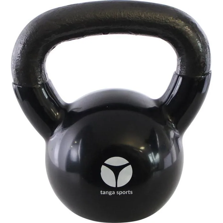 Tanga Sports Kettlebell, 8 kg aus Gusseisen mit bodenschonender Vinylbeschichtung, schwarz