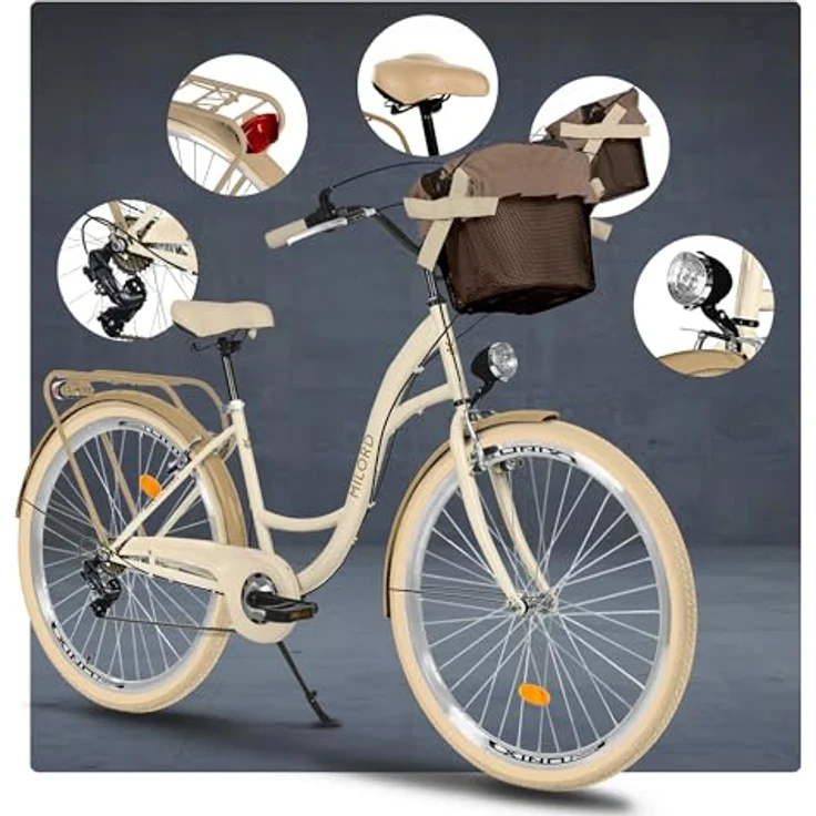 Milordbikes City-Fahrrad, Creme, 46 cm, Metall, Freizeit mit Aluminiumfelgen und hinterem Träger – Bild 7