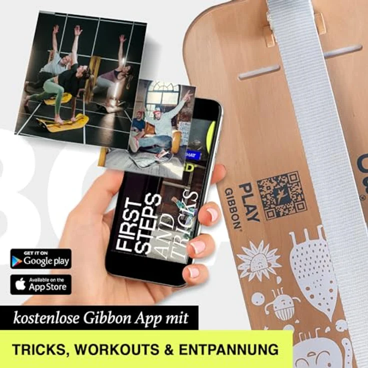 GIBBON Giboard-Set Play White, 106cm Balance Board mit interaktiver App, Gleichgewichtstrainer inkl. Slackline für Tricks & Workouts – Bild 2