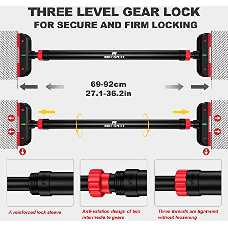 RHINOSPORT Klimmzugstange Pull Up Bar Verstellbare Klimmzugstange, Oberarm und Bauchtrainer, Stabiler Stahl, Türreck für Klimmzüge Türstock für Türen von 69-92 cm (27.1in-36.2in), NO SCREW – Bild 3