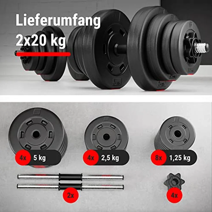 Hop-Sport Kurzhanteln 2er Set - Hanteln Set - Gewichte 20kg / 40kg - Hantelstange 30mm mit Sternverschlüssen, gerändelt (2 x 20 kg) – Bild 2