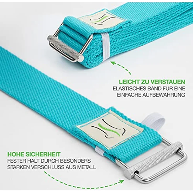 BACKLAxx® Yoga Gurt Baumwolle (petrol) – Nachhaltiges Yoga Zubehör Set, Yogagurt 250 cm lang mit praktischem Verschluss aus Metall – Yoga Set ideal für Yoga, Pilates und Dehnen inkl. Anwendungsvideos – Bild 4