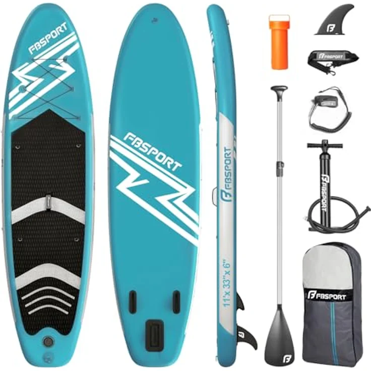 FBSPORT Aufblasbares SUP Board, Stand Up Paddling Board 15CM Dick, mit verstellbarem Aluminium SUP Paddel und Pumpe, Lakeblue – Bild 1