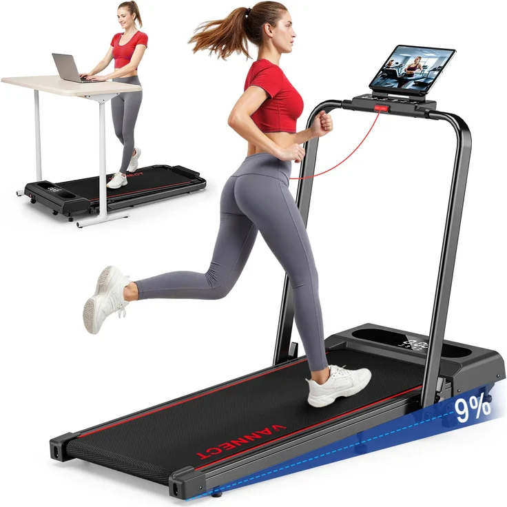 VANNECT EUX390S Klappbares Laufband mit 1-12 km/h Geschwindigkeit, 9% Steigung, Ultra-Leise, LCD-Display, Dreifache Steuerung - Fernbedienung, App, Handlauf-Tasten, bis 158 kg, schwarz