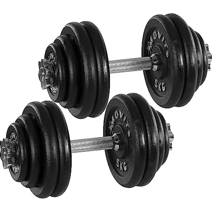 MOVIT Kurzhantel PRO Set, Gusseisen Hantel, 2x 30kg, 30mm Standardnorm, gerändelter Griff, Sternverschlüsse, silberfarbene Gewichtsmarkierung