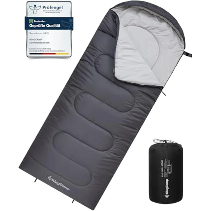 KingCamp Oasis Deckenschlafsack für Erwachsene, leichtgewichtig, 3 Jahreszeiten, Grau, 220 × 75 cm, wasserabweisend, Komfort bis 12°C – Bild 1