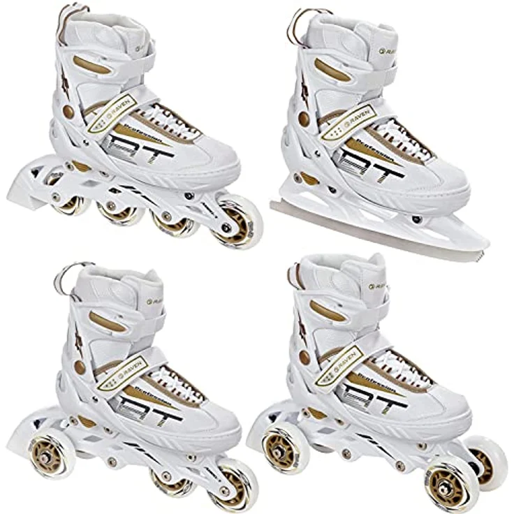 RAVEN Profession 4in1 Inlineskates Triskates Rollschuhe Schlittschuhe, verstellbar, White/Gold, Gr. 35-39 (23cm-25,5cm), PU-Rollen, SAS Shock-Absorbing-System, Triple-Vent-System – Bild 1