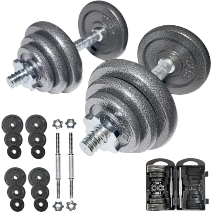 SPORTINATOR® "Machine" Hantel Set, 2-in-1 Kurzhantel und Hantelset (15–40 kg) mit Koffer aus Gusseisen & Stahl, für effektives Ganzkörpertraining zu Hause oder unterwegs (20 kg)