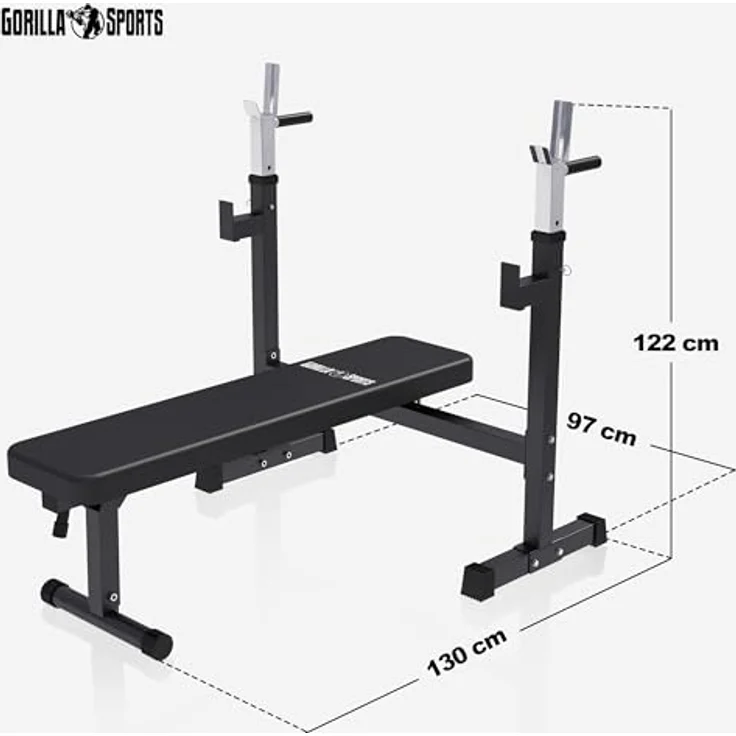 GORILLA SPORTS® Hantelbank mit Ablage, klappbar, 170 cm Langhantel, 35 cm Kurzhantel, 120 cm SZ Stange, 40/70/100 kg Set, bis 300 kg, Schwarz - Trainingsbank für Muskelaufbau und Krafttraining – Bild 2