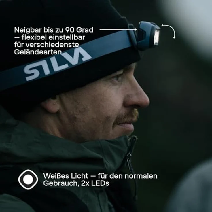 Silva Seek 320, LED Stirnlampe mit 320 Lumen, 3 Helligkeitsstufen, IPX5 wasserdicht, Betrieb mit 3x AAA-Batterien oder wiederaufladbarem Akku, inklusive Batterieanzeige – Bild 2