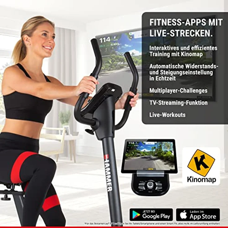 HAMMER 4862 Ergometer Cardio XT6 BT, leises Fitnessfahrrad mit tiefem Einstieg und Comfort-Sattel, 13 kg Schwungmassensystem, Bluetooth & App-Steuerung, 130 kg Benutzergewicht, 93 x 51 x 150 cm – Bild 4
