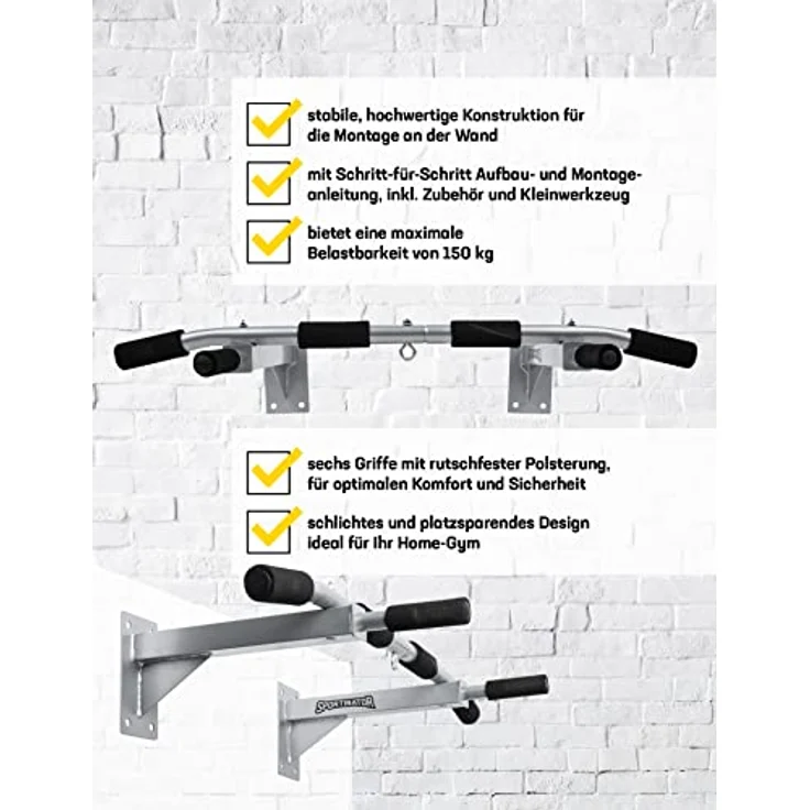 SPORTINATOR Klimmzugstange inkl. Zubehör schwarz zur Wandmontage, Pull Up Bar fürs Homegym, für diverse Kraftsport Übungen geeignet, hochwertiger Edelstahl, Unisex, belastbar bis zu 150 Kg – Bild 2