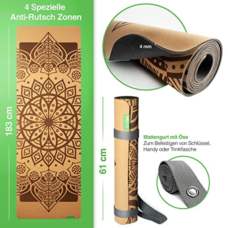 BACKLAxx® Yogamatte Kork mit Naturkautschuk - Yoga Matte nachhaltig, schadstofffrei, Yogamatte rutschfest, Fitnessmatte mit Anti-Rutsch-Zonen inkl. Tragegurt, Turnmatte für Yoga und Matte Sport – Bild 3