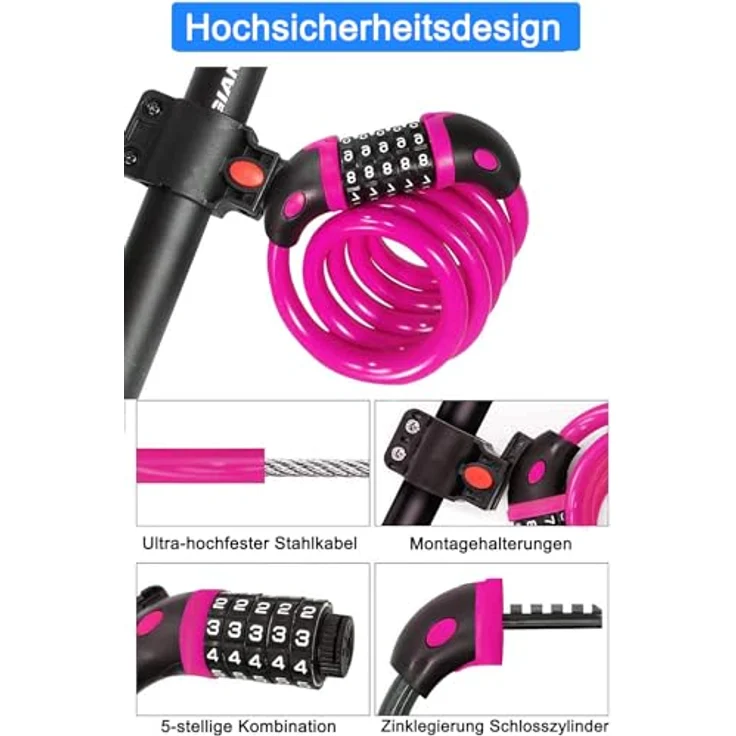REHKITTZ Fahrradschloss 120cm/12mm Kabelschloss, sehr hohe Sicherheitsstufe mit 5-stelligem Zahlencode, inklusive Befestigungsbügel, rosa – Bild 2