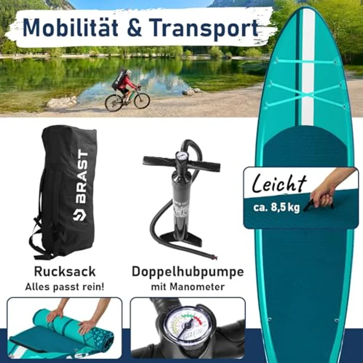 BRAST SUP Board Shark, Aufblasbares Stand up Paddle Set 320x81x15cm, 200 kg Tragkraft, inkl. Kajaksitz, 2in1 Paddel, Action-Cam-Halterung, 5 Jahre Garantie, 8 Designs – Bild 4