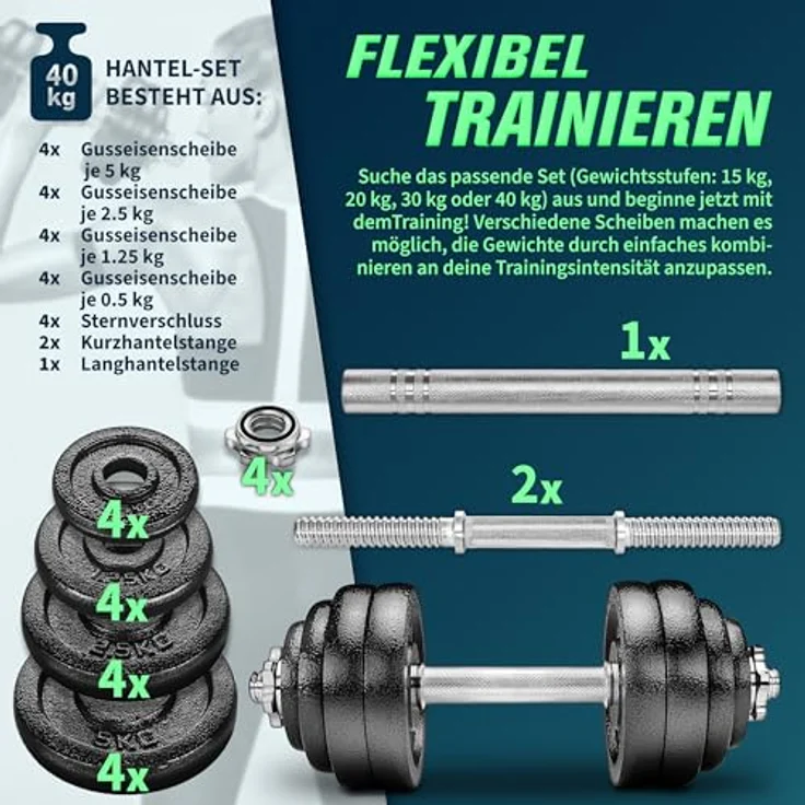 RE:SPORT 2 in 1 Hanteln Set 40 kg, verstellbar aus Gusseisen, Kurzhantel & Langhantel mit Sicherheitsverschlüssen und Verbindungsrohr – Bild 4