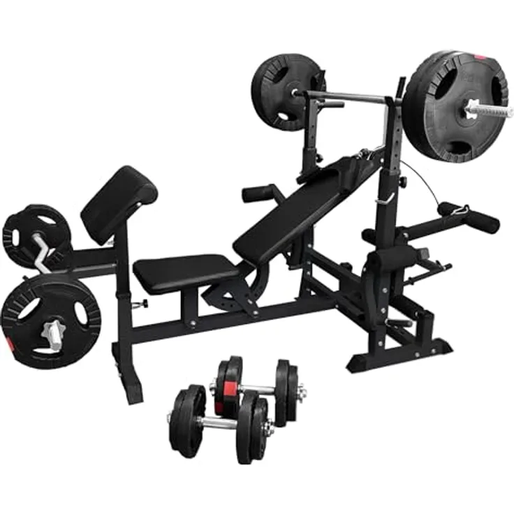 GORILLA SPORTS® Hantelbank - inkl. 100kg Hantelset, Ablage, Dip-Station, Curlpult, Beincurler, Butterfly, Latzug, Verstellbar, Schwarz/Weiß - Multifunktion Trainingsbank mit Gewichten, Kraftstation