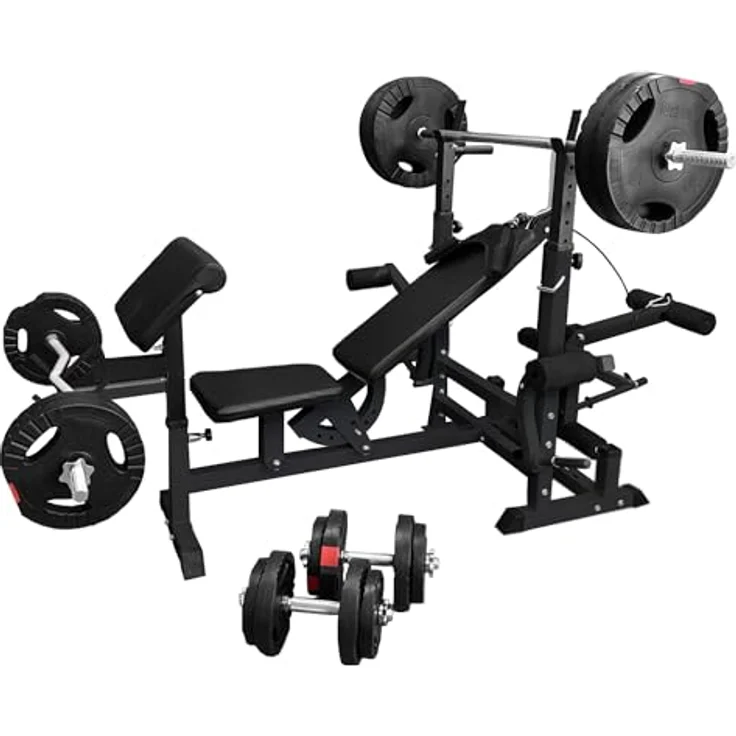 GORILLA SPORTS® Hantelbank - inkl. 100kg Hantelset, Ablage, Dip-Station, Curlpult, Beincurler, Butterfly, Latzug, Verstellbar, Schwarz/Weiß - Multifunktion Trainingsbank mit Gewichten, Kraftstation – Bild 1