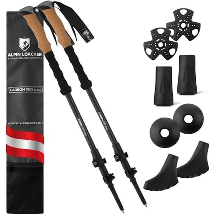 ALPIN LOACKER Teleskop Wanderstöcke Carbon, ultraleichte Nordic Walking Stöcke mit Korkgriff, verstellbar von 105 bis 135 cm, inkl. Zubehör und Transporttasche – Bild 1