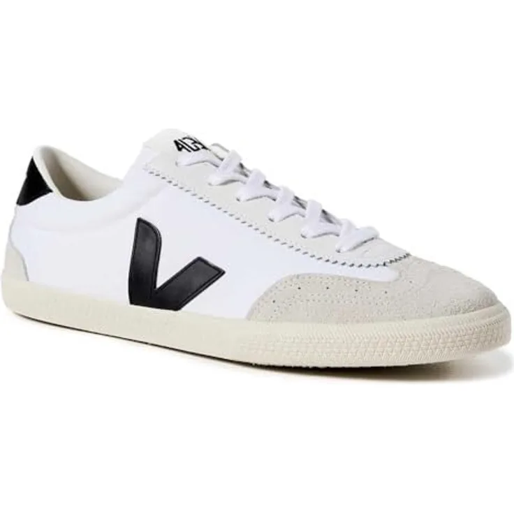 Veja Volley, Sportschuhe EU 45 für Herren, weiß-schwarz, Retro Sneaker aus Baumwolle und Leder mit gepolstertem Schaftrand