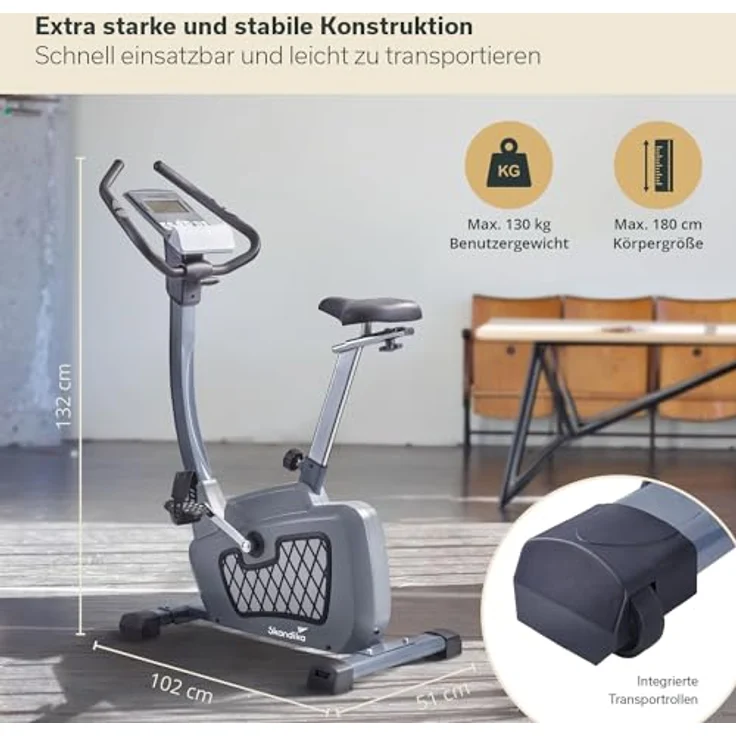 Skandika Wiry Ergometer Heimtrainer 11kg Schwungmasse 24 Trainingsprogramme 32 Widerstandsstufen Magnetbremssystem Bluetooth Kinomap App-Steuerung Transportrollen (grau) – Bild 5