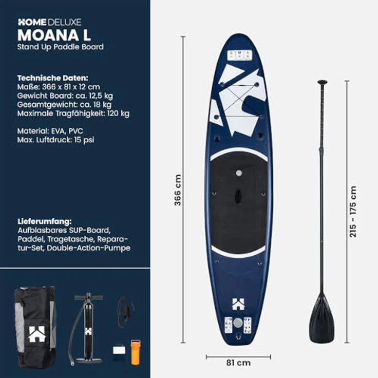 Home Deluxe MOANA Stand Up Paddle Board, Größe L, blau | Aufblasbares SUP mit rutschfester Oberfläche und 3-Finnen-System für See, Meer & Fluss – Bild 9