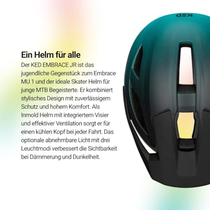 KED Embrace Jr. MU-1, Inmold-Fahrradhelm für Kinder mit integriertem Visier, 52-56 cm, teal black matt – Bild 4