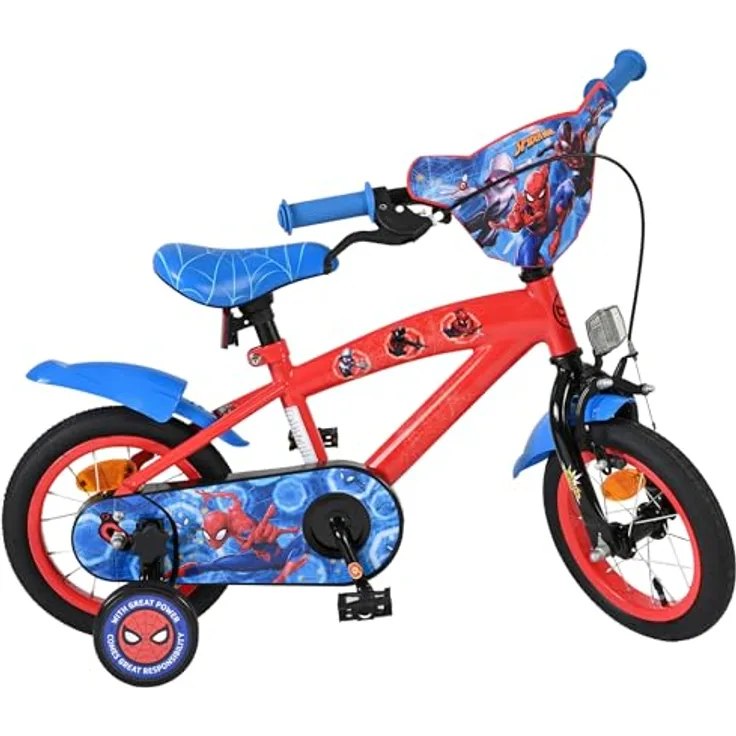 Volare Spider-Man Kinderfahrrad, 12 Zoll mit Handbremse, Rücktrittbremse, abnehmbaren Stützrädern, Blau/Rot