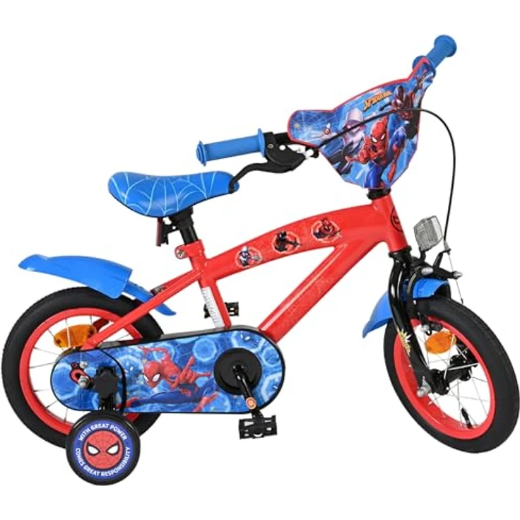 Volare Spider-Man Kinderfahrrad, 12 Zoll mit Handbremse, Rücktrittbremse, abnehmbaren Stützrädern, Blau/Rot – Bild 1