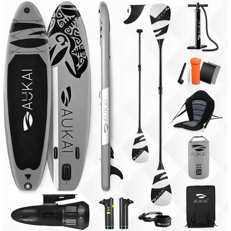 Aukai SUP-320-PRO, Stand Up Paddle Board 320cm mit Elektromotor 2in1, Kajak Sitz und verstellbaren Paddeln, aufblasbar, Ocean grau