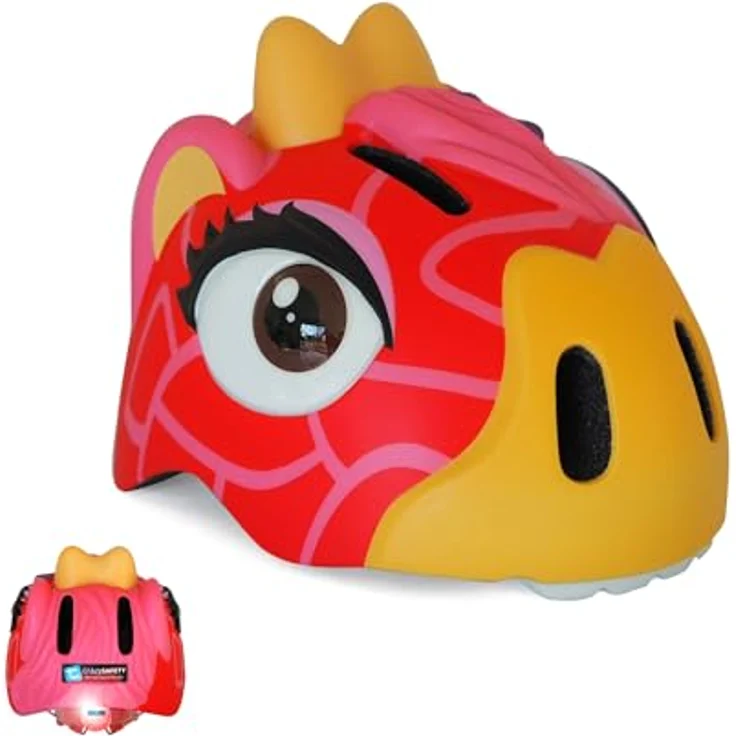 Crazy Safety Kinder Fahrradhelm 3D Tierhelm (Giraffe Rot), verstellbar für 49-55 cm, mit LED-Rücklicht und 6 Belüftungsöffnungen, für Kinder 2-7 Jahre, ideal für Fahrrad, Skateboard und Scooter. – Bild 1