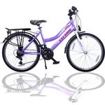 Talson City-Fahrrad 26 Zoll, 21-GG-Shimano-Schaltung, mit Beleuchtung und Gepäckträger, Lila