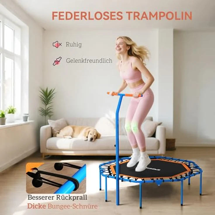 SPORTNOW Fitness Trampolin klappbar Ø128 cm, Mini Trampolin mit 5-stufig höhenverstellbarem Haltegriff, leise Gummiseile, für Indoor und Outdoor Jumping – Bild 4