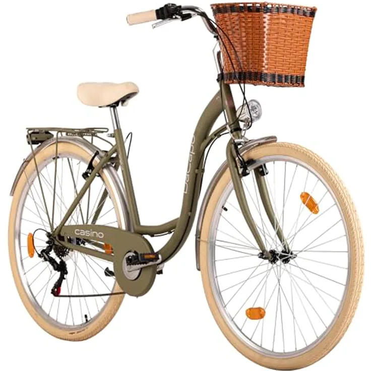 DaCapo DaCapo Damenrad 28'' Casino 6 Gänge RH 48 cm mit Korb, Olivgrün/Cremefarben, SHIMANO 6-Gang-Schaltung, Retro-Look