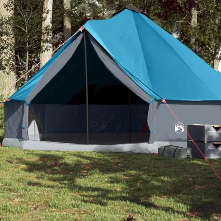 vidaXL Tipi Familienzelt 8 Personen, Campingzelt mit E-Anschluss und Netzwänden, blau, 185T Polyester – Bild 2