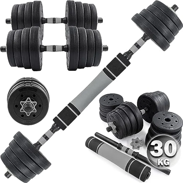 C.P.Sports 2in1 Kurzhantel & Langhantel Set 30kg / 40kg | Hantelscheiben – Gewichte – Hantelstangen | verstellbare Hanteln – Hantelset für Krafttraining, Fitness, Home Gym (silber-schwarz – 30kg Set) – Bild 1
