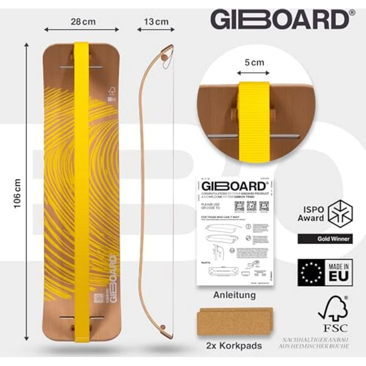 GIBBON Giboard-Set - Zen Yellow | Innovatives Balance Board mit Slackline, 106 cm, interaktives Training, für Tricks & Workouts, nachhaltiges EU-Holz – Bild 3