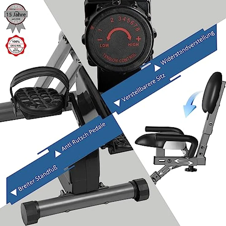 Ultrasport Senioren Liegeheimtrainer , Liege-Heimtrainer mit niedriger Einstiegshöhe, acht Schwierigkeitsstufen, Trainingscomputer, bequeme Polsterung – Bild 3